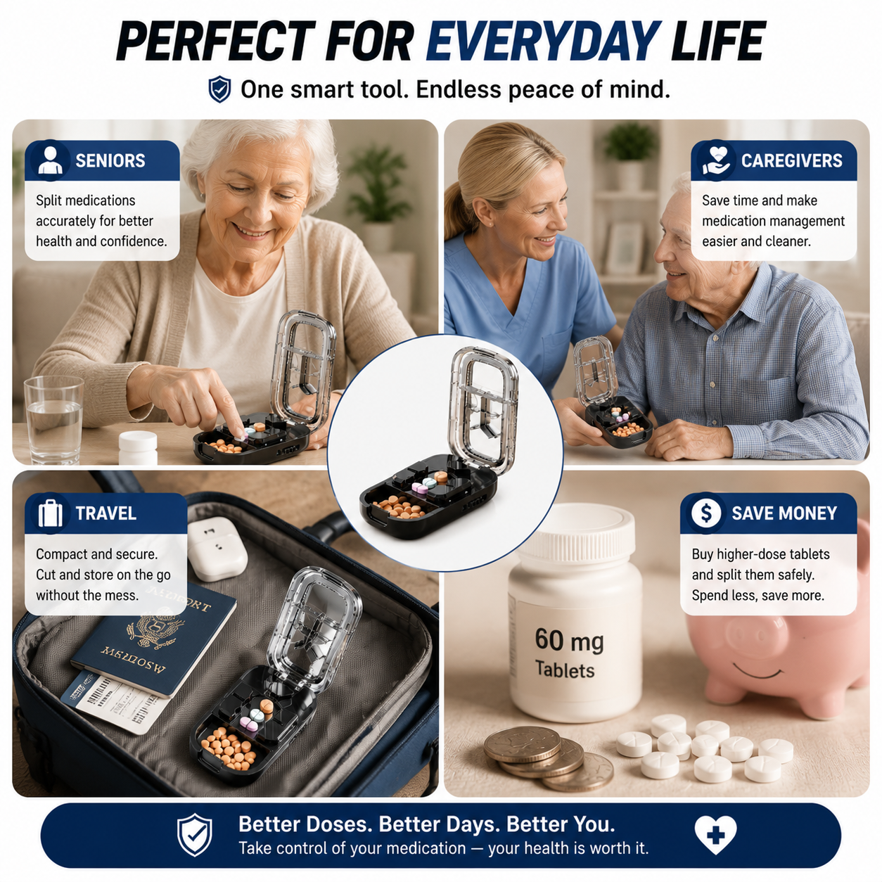 💊 3-In-1 Pill Cutter With Storage Case – Precision Tablet Splitter