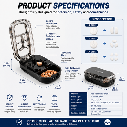 💊 3-In-1 Pill Cutter With Storage Case – Precision Tablet Splitter