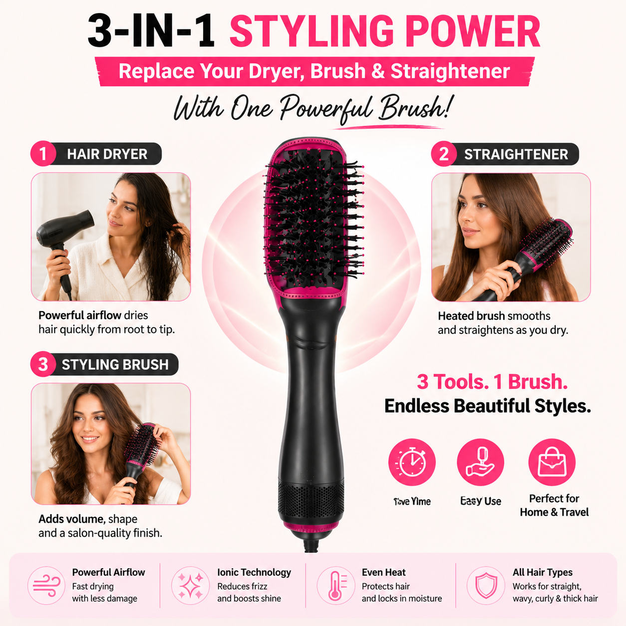 💇‍♀️ One-Step Hair Dryer Brush – 3-in-1 Blow Dryer & Styler For Smooth Frizz-Free Salon Hair