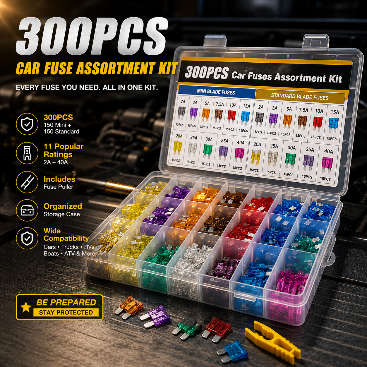 🔥 Last Day 50% OFF🚗 300PCS Car Fuse Kit – Mini & Standard Blade Fuses with Puller