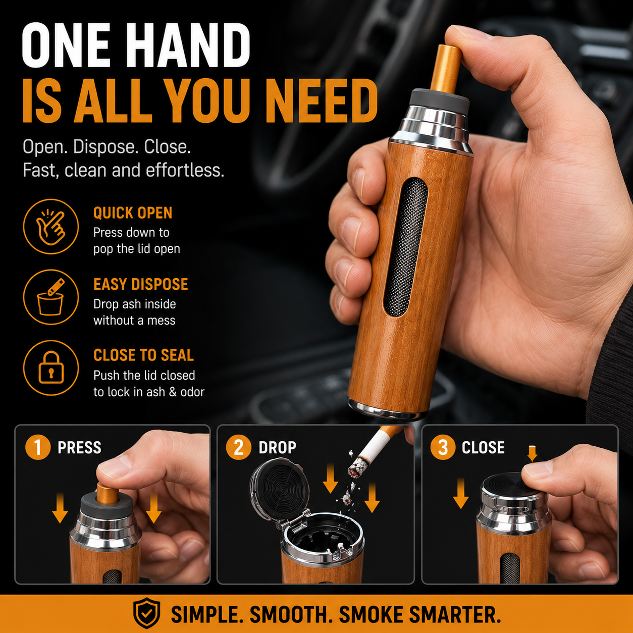 Portable Smokeless Pocket Ash Container-Premium One-Hand Car Ashtray