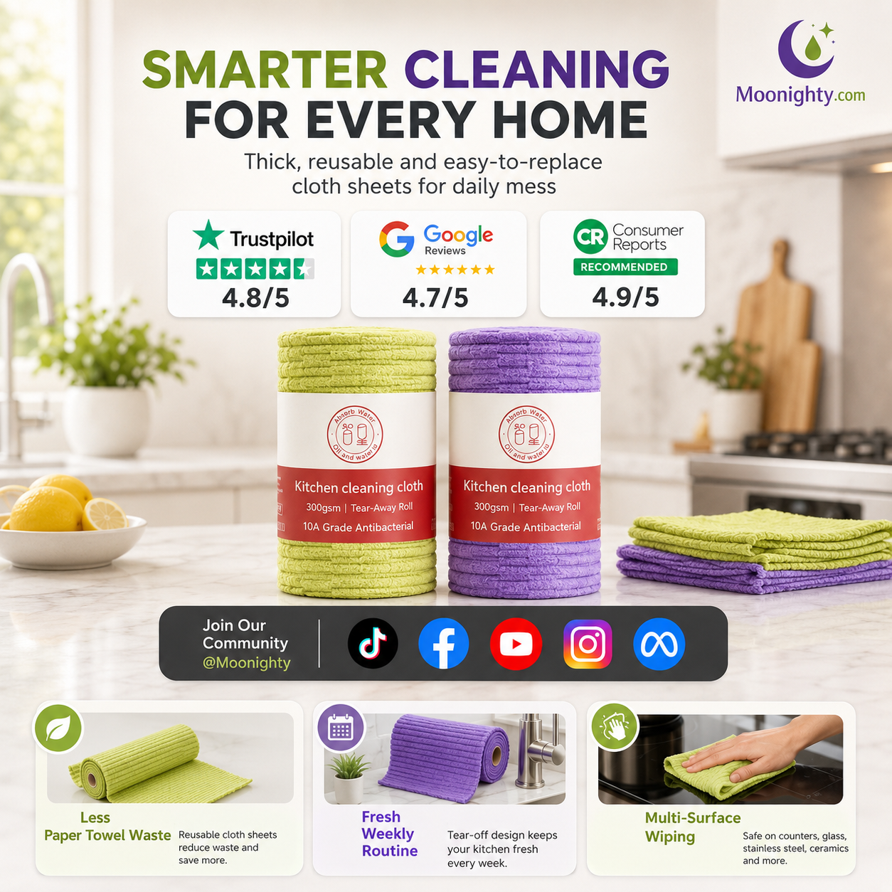 ✨Multipurpose Reusable Tear-Off Cleaning Cloth Roll