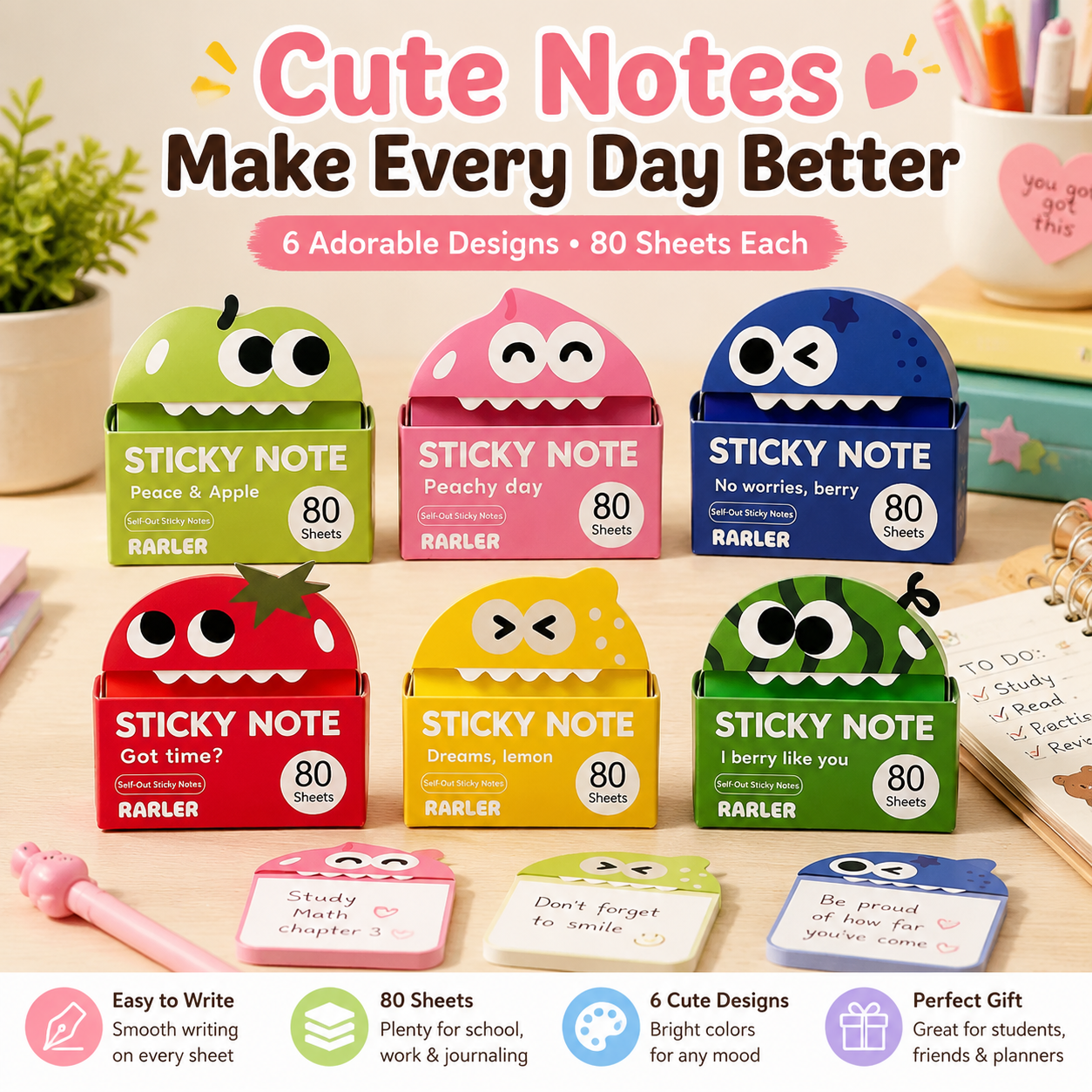 📚 Cute Character Sticky Notes （Pack of six）– Kawaii Memo Pads For Study, Journaling & Planning（6 PCS）