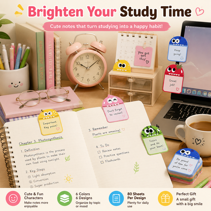📚 Cute Character Sticky Notes （Pack of six）– Kawaii Memo Pads For Study, Journaling & Planning（6 PCS）