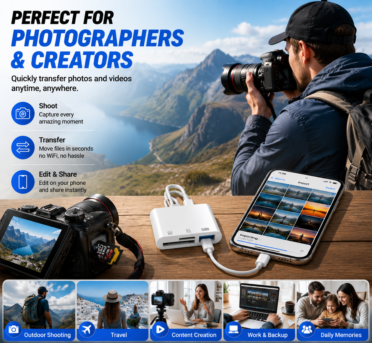 🔌5-in-1 SD Card Reader for iPhone & USB-C – Fast Photo & Video Transfer Adapter