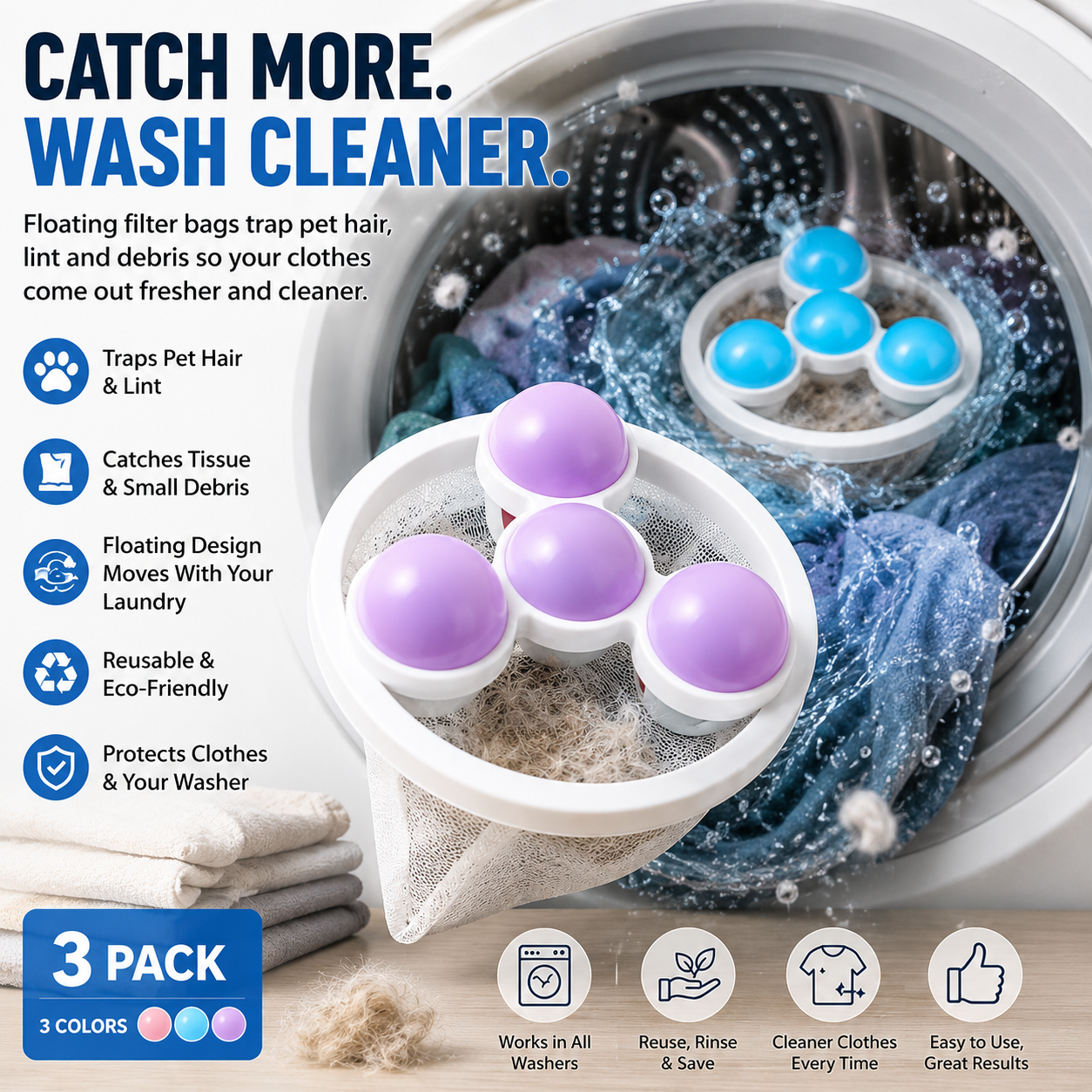 🐾 3-Pack  Floating Pet Hair Laundry Filter Bags | Reusable Lint Catche