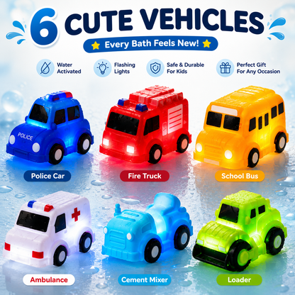 🚗 6PCS Water-Activated Light-Up Bath Toy Cars – Traffic & Construction Vehicles for Kids