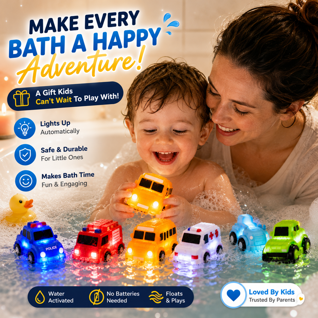 6-Pack Light-Up Bath Vehicles – Flashing Cars & Trucks for Toddler Tub Fun