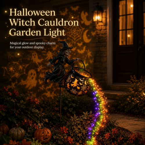 🎃 Flying Witch & Glowing Cauldron Garden Light – Magical Halloween Yard Display