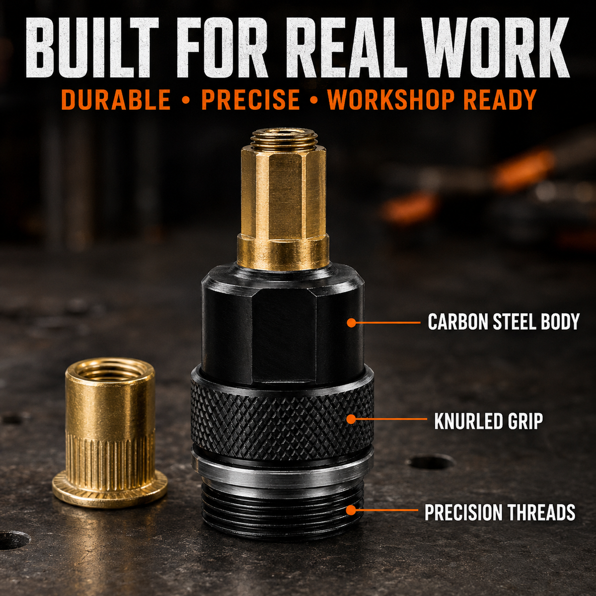 Carbon steel rivet nut tool head with knurled grip and precision threads