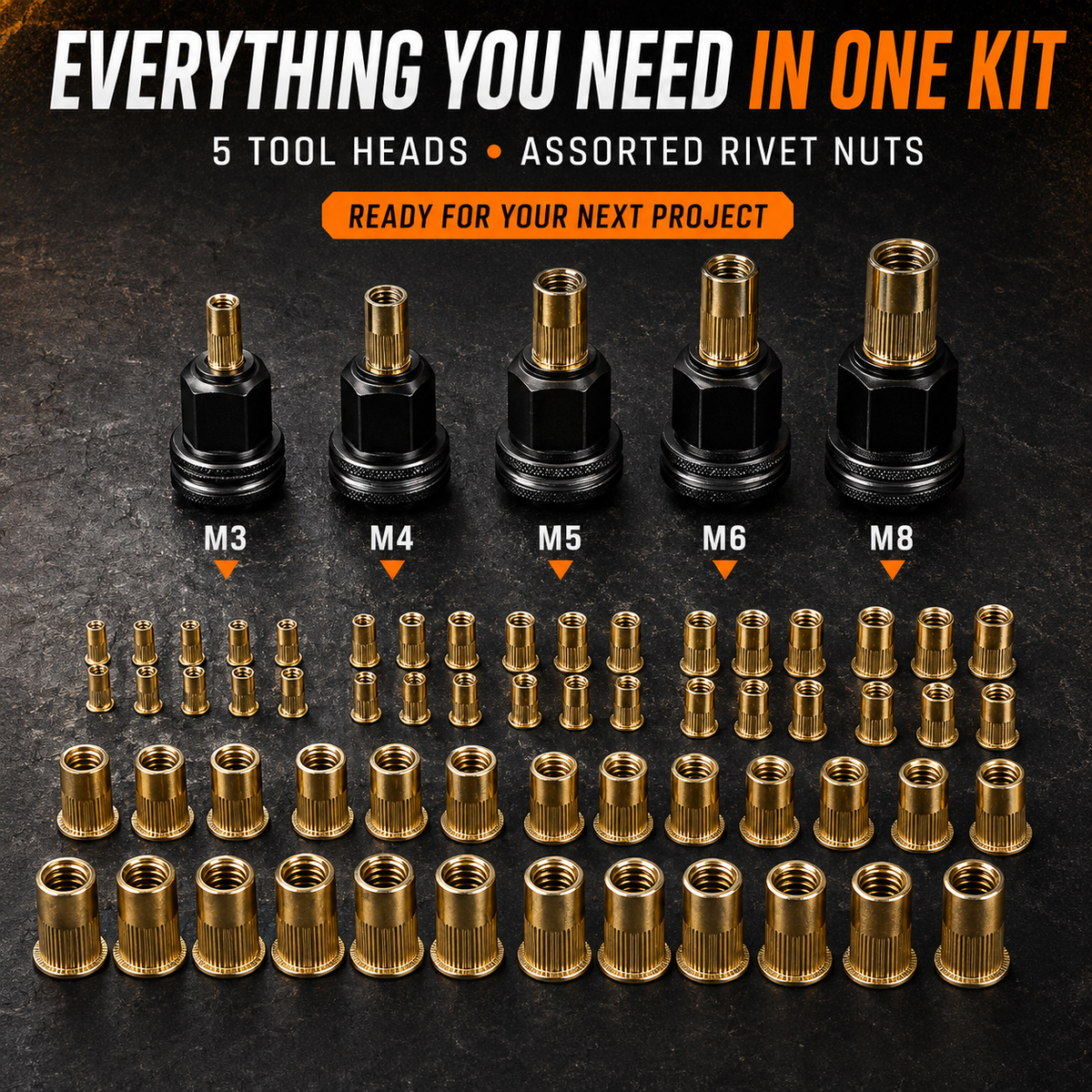 Five rivet nut tool heads with assorted threaded inserts