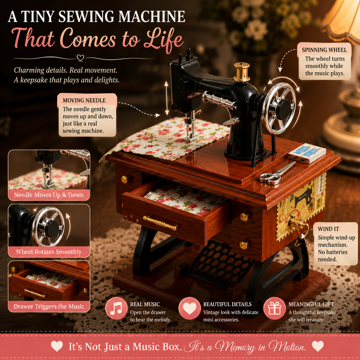 Vintage Mini Sewing Machine Music Box – Meaningful Keepsake for Mom & Grandma