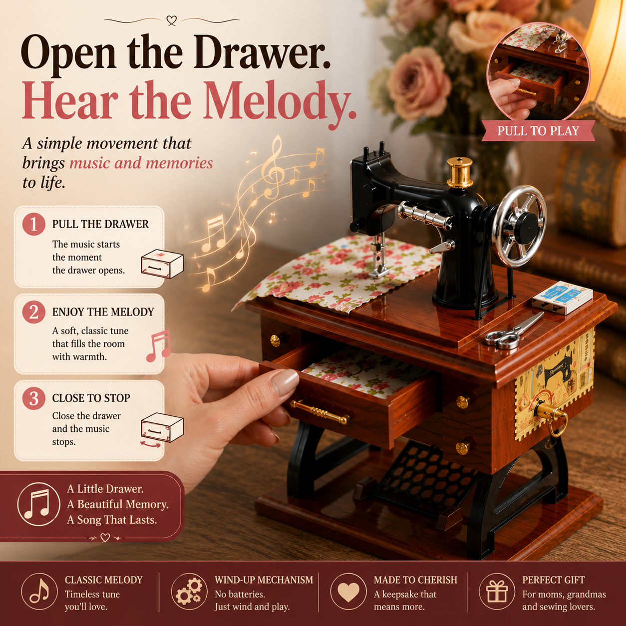 Vintage Mini Sewing Machine Music Box – Meaningful Keepsake for Mom & Grandma