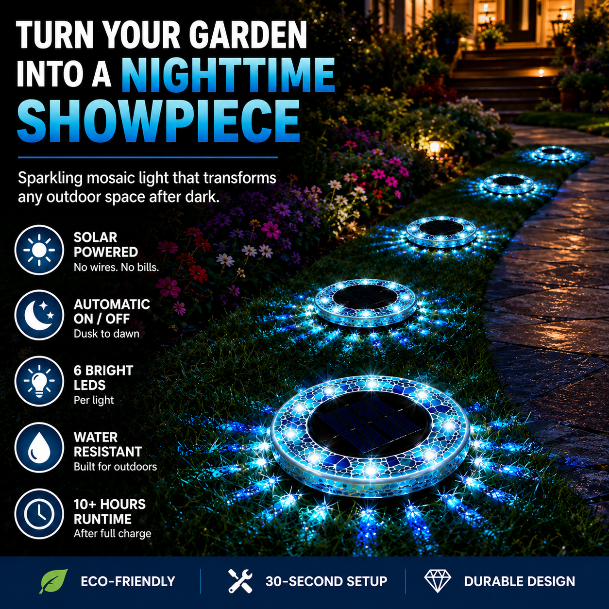 Solar Stained Glass Mosaic Disk Lights for Outdoor Pathways
