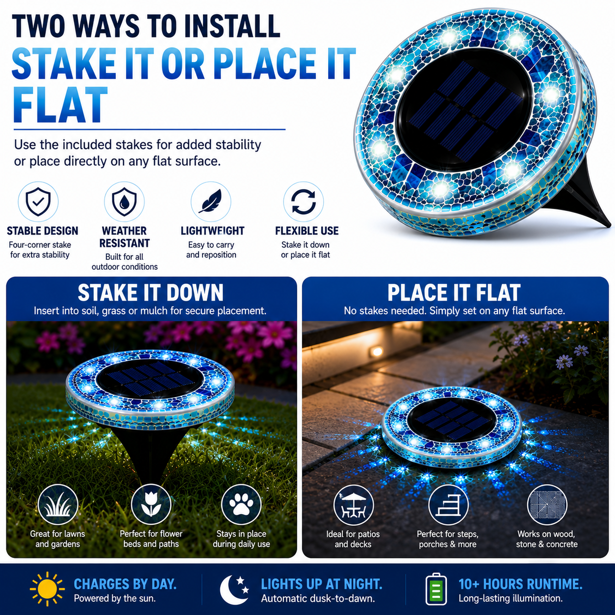 Solar Stained Glass Mosaic Disk Lights for Outdoor Pathways