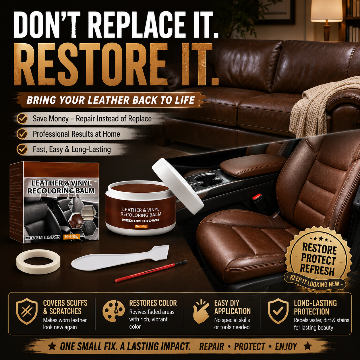 💞 Leather Repair Paste – Fills scratches & scuffs, restores texture. Available in multiple colours. Save your favourite sofa! 💺🛡️