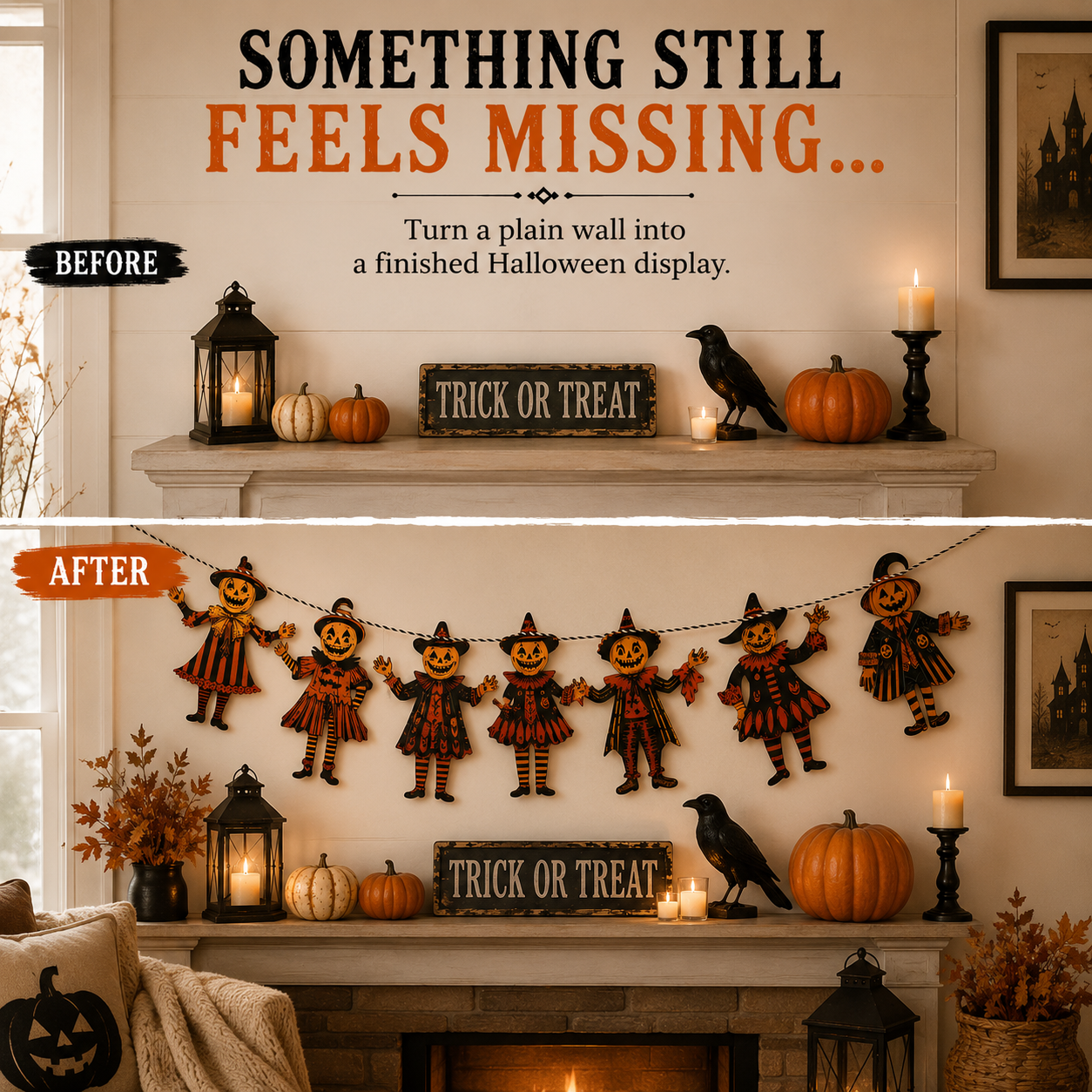 Vintage Wooden Halloween Pumpkin Character Garland -6-Piece Rustic Hanging Banner for Mantels, Walls, Porches & Parties