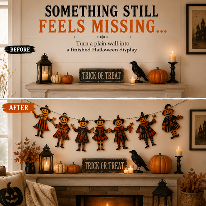 Vintage Wooden Halloween Pumpkin Character Garland -6-Piece Rustic Hanging Banner for Mantels, Walls, Porches & Parties