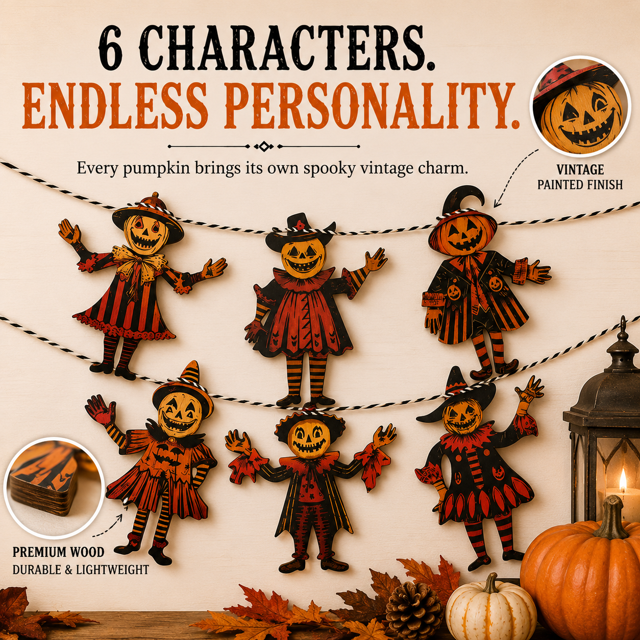 Vintage Wooden Halloween Pumpkin Character Garland -6-Piece Rustic Hanging Banner for Mantels, Walls, Porches & Parties