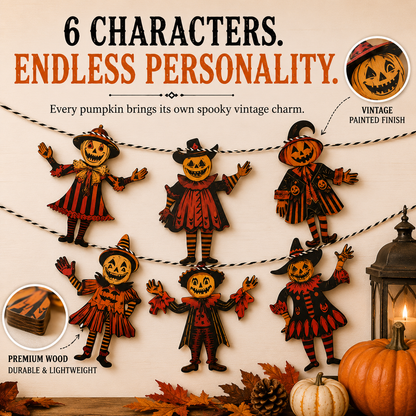 Vintage Wooden Halloween Pumpkin Character Garland -6-Piece Rustic Hanging Banner for Mantels, Walls, Porches & Parties
