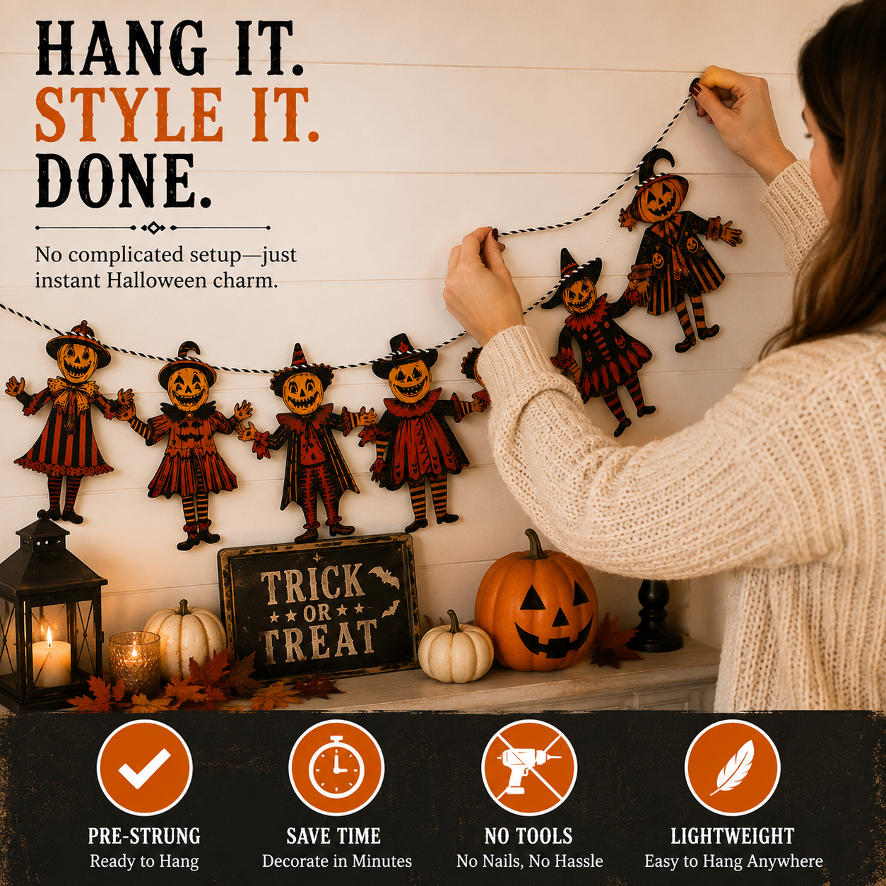 Vintage Wooden Halloween Pumpkin Character Garland -6-Piece Rustic Hanging Banner for Mantels, Walls, Porches & Parties