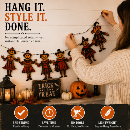 Vintage Wooden Halloween Pumpkin Character Garland -6-Piece Rustic Hanging Banner for Mantels, Walls, Porches & Parties