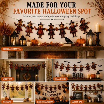 Vintage Wooden Halloween Pumpkin Character Garland -6-Piece Rustic Hanging Banner for Mantels, Walls, Porches & Parties