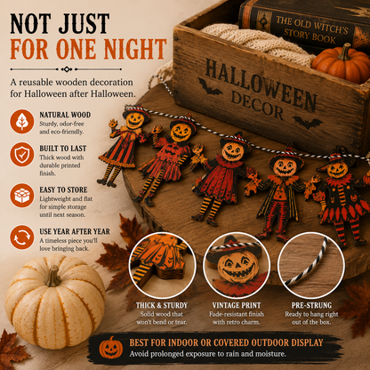 Vintage Wooden Halloween Pumpkin Character Garland -6-Piece Rustic Hanging Banner for Mantels, Walls, Porches & Parties
