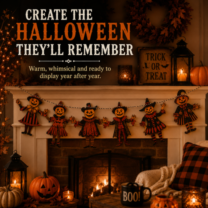Vintage Wooden Halloween Pumpkin Character Garland -6-Piece Rustic Hanging Banner for Mantels, Walls, Porches & Parties