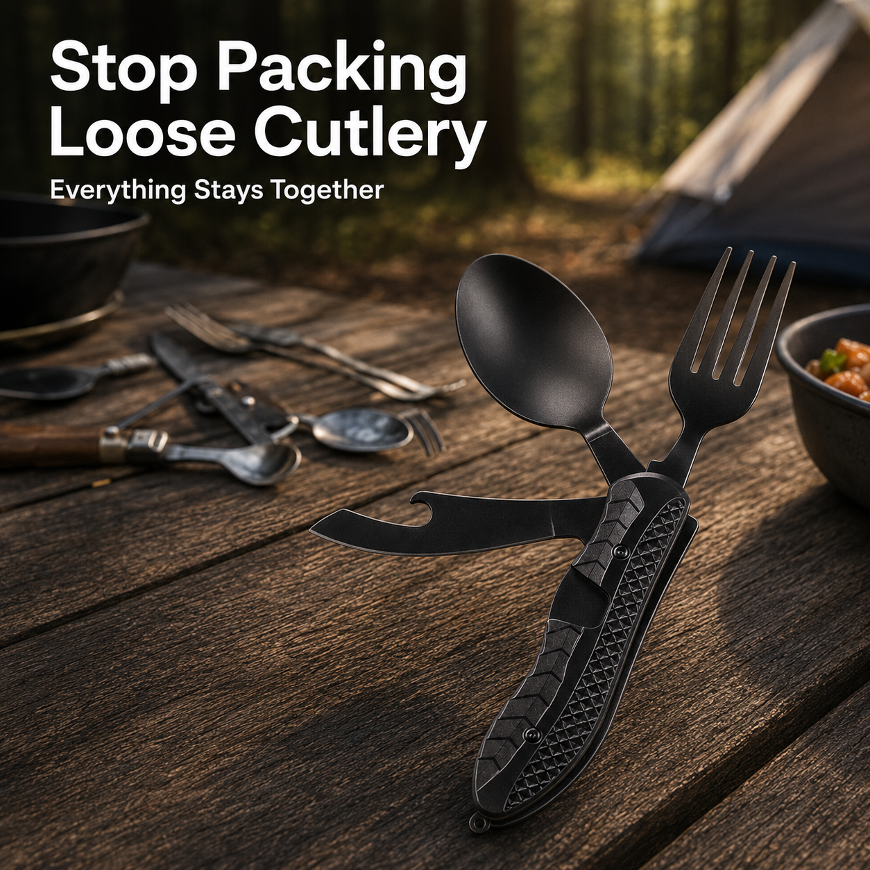 🏕️ Compact 3-in-1 Camping Flatware – Foldable Fork, Spoon & Knife for Travel