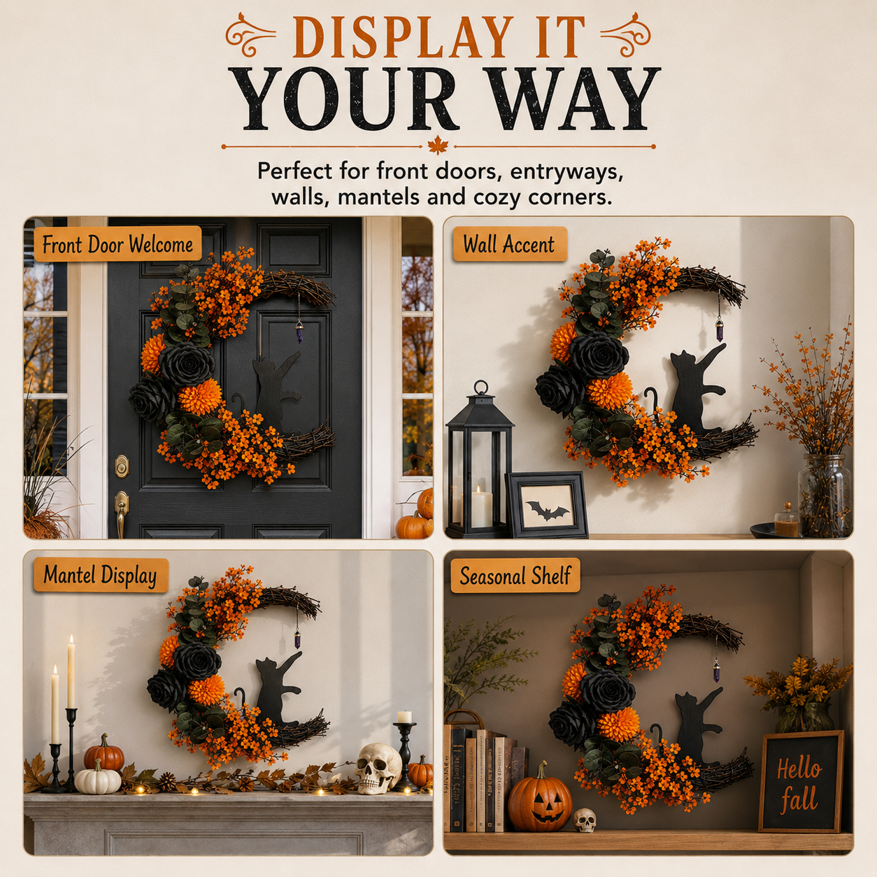 ✨Last Day 50% OFF - Handmade Halloween Cat Wreath🐈‍⬛🌙