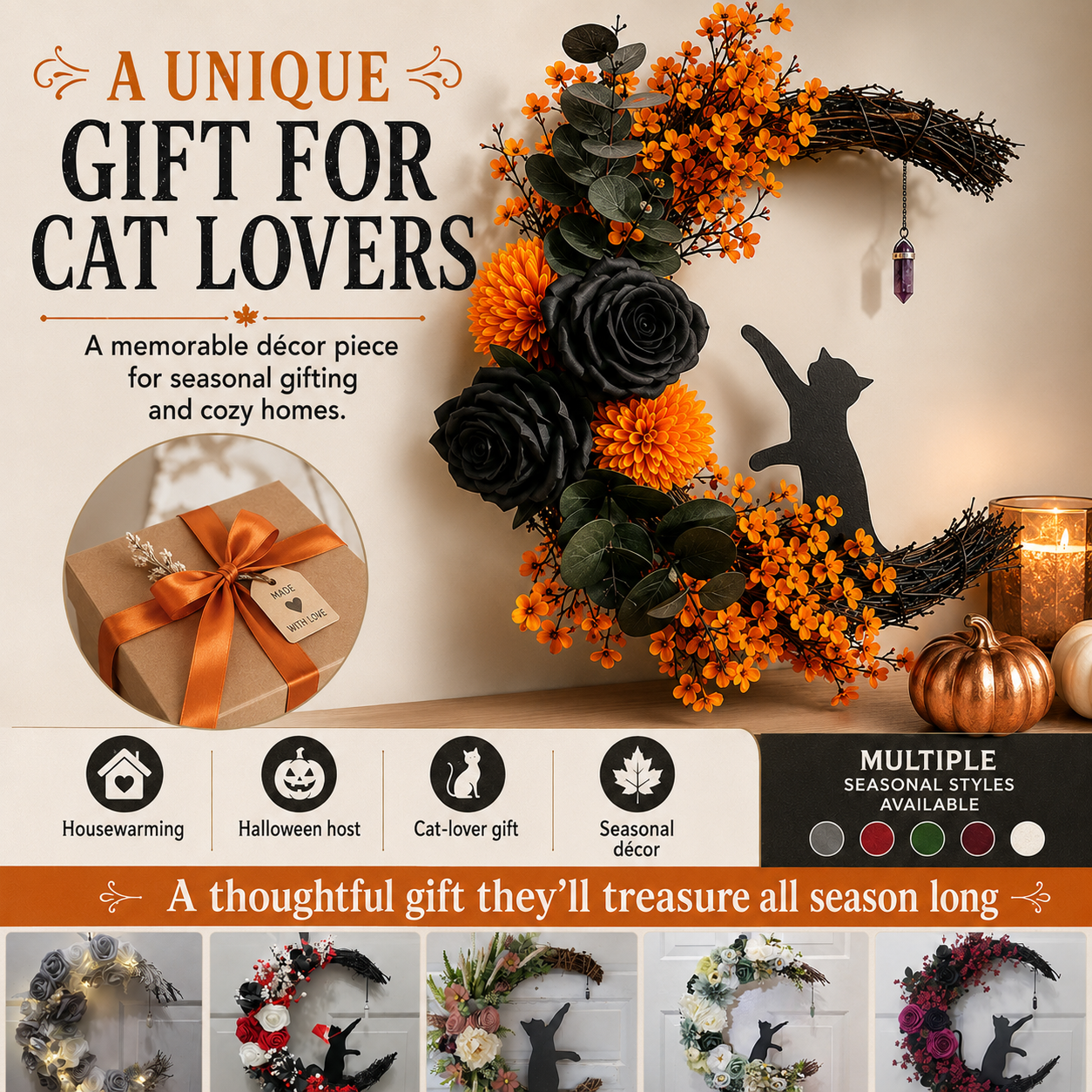 ✨Last Day 50% OFF - Handmade Halloween Cat Wreath🐈‍⬛🌙