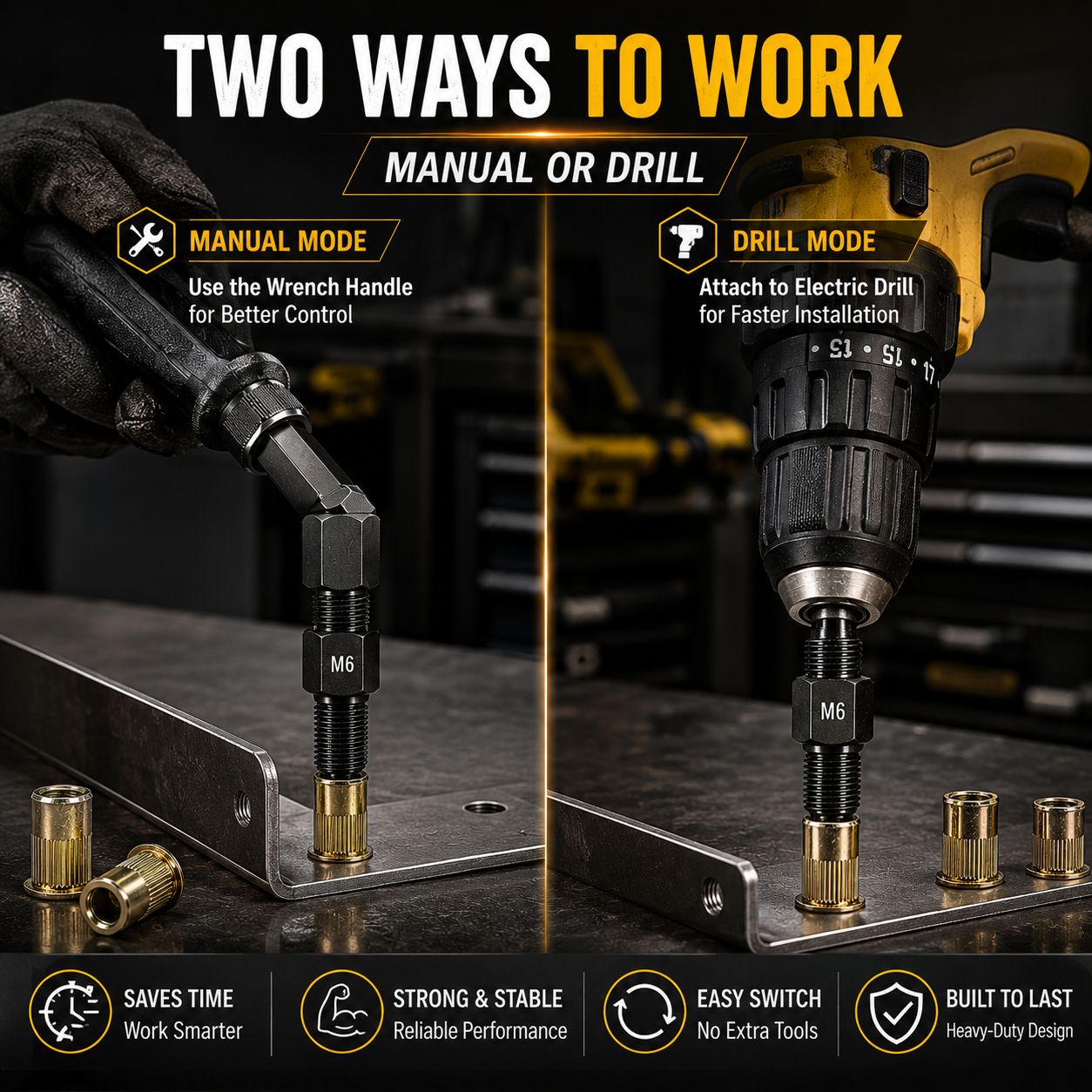 🛠️🛠️Manual or Drill. One Tool Does It All- 2-in-1 Rivet Nut Tool Kit