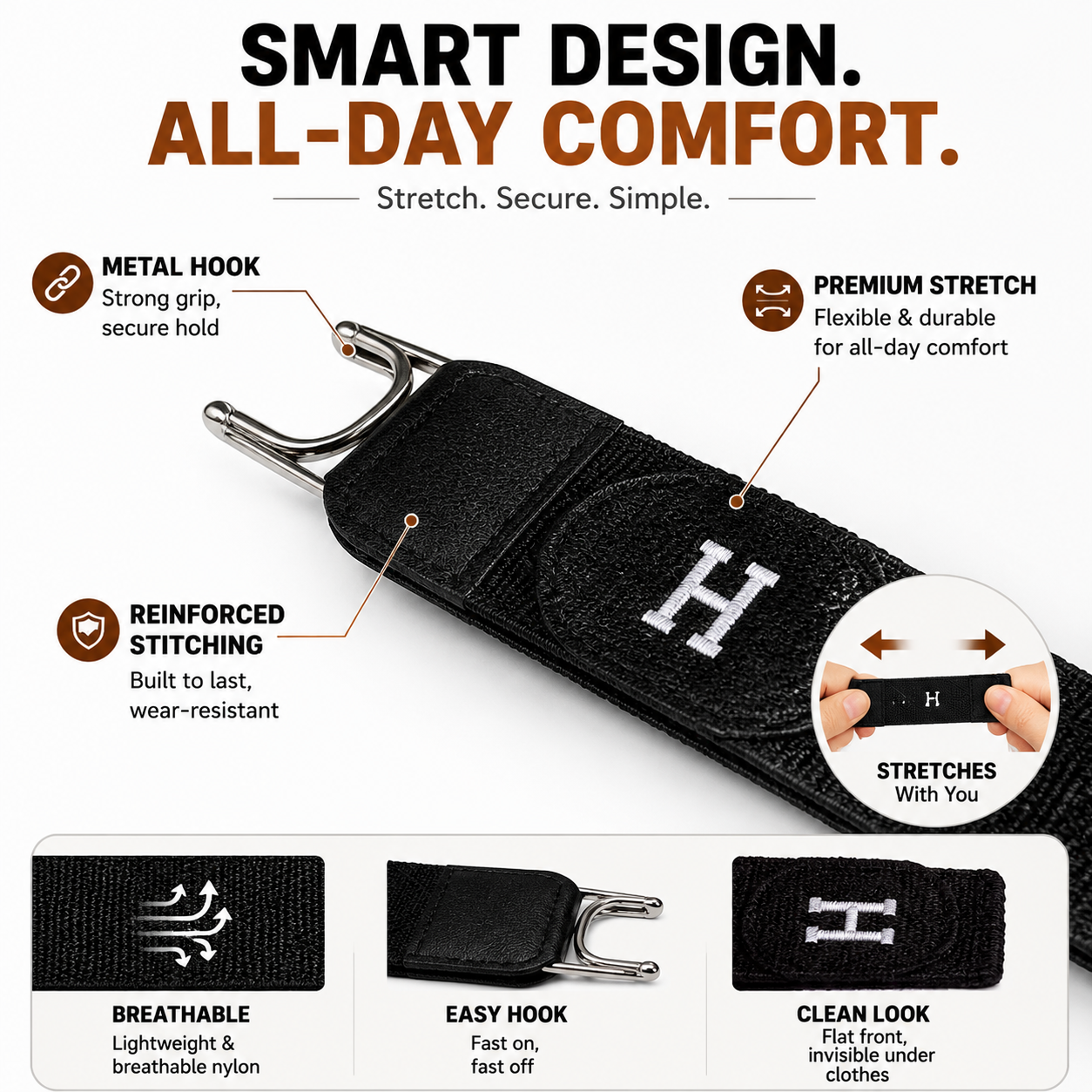 No Buckle Stretch Belt for Jeans with Low-Profile Hook