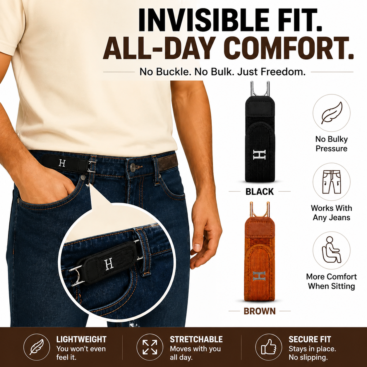 No Buckle Stretch Belt for Jeans with Low-Profile Hook