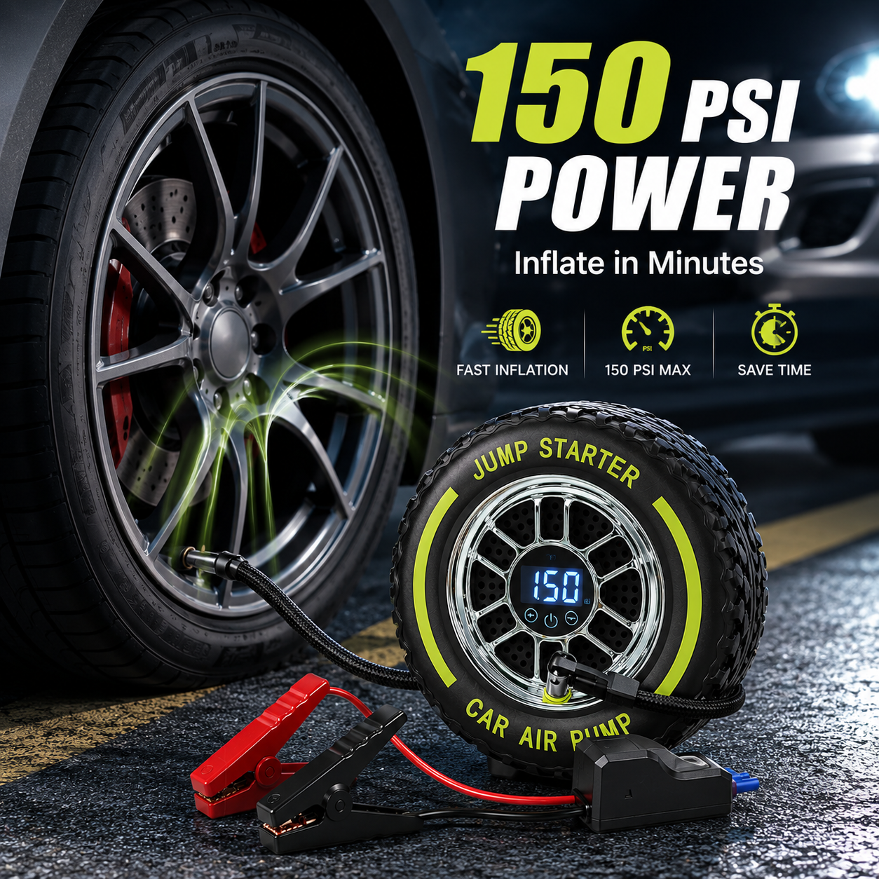 🚗Inflate • Jump Start • Light • Go-4-in-1 Portable Tire Inflator & Jump Starter