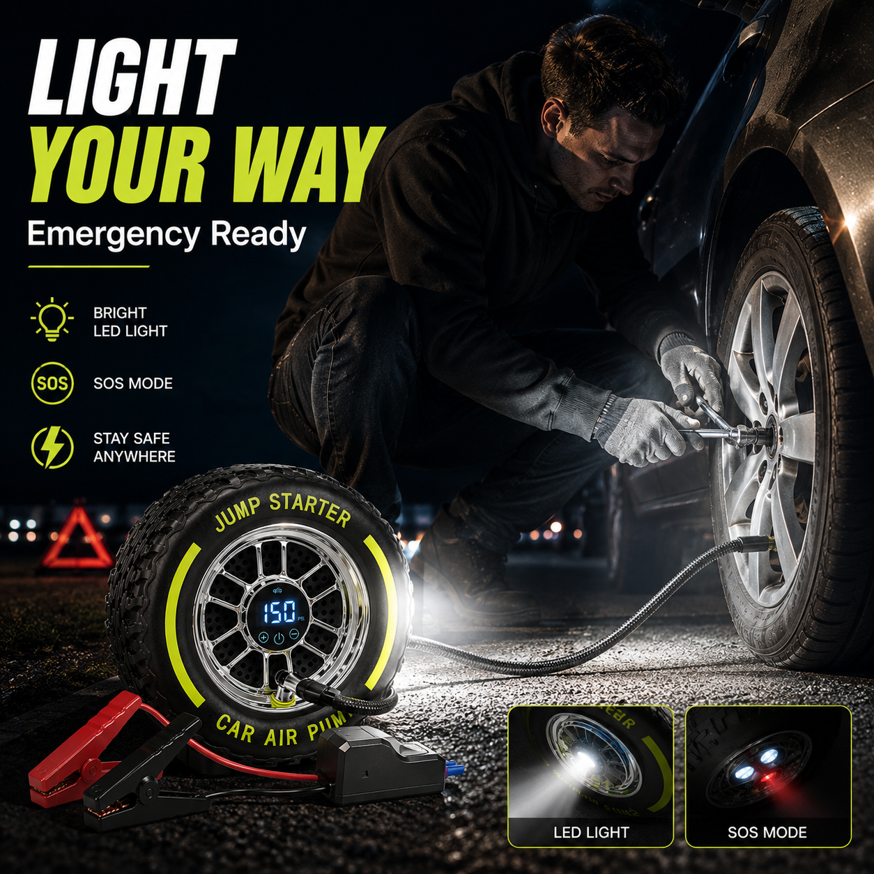 🚗Inflate • Jump Start • Light • Go-4-in-1 Portable Tire Inflator & Jump Starter