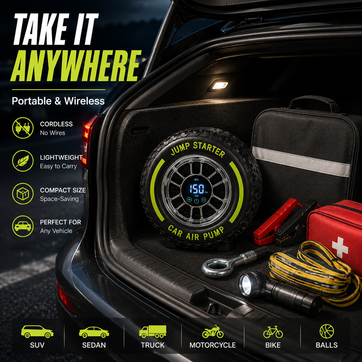 🚗Inflate • Jump Start • Light • Go-4-in-1 Portable Tire Inflator & Jump Starter