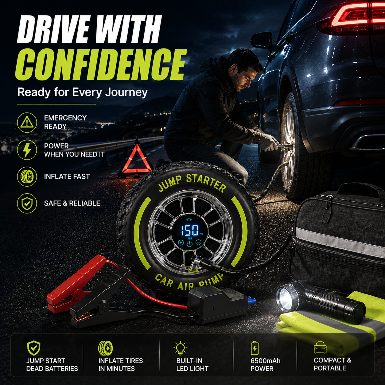 🚗Inflate • Jump Start • Light • Go-4-in-1 Portable Tire Inflator & Jump Starter