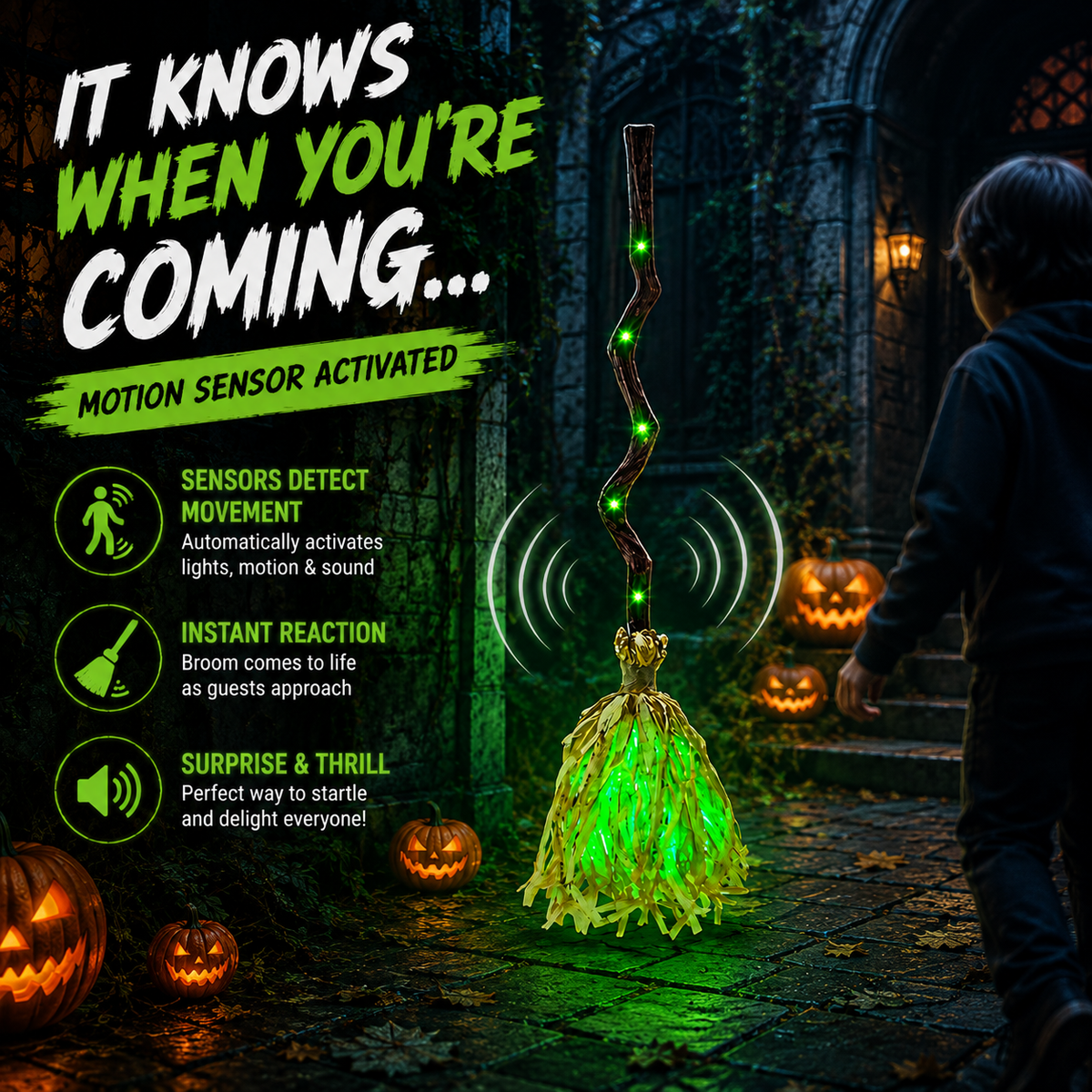 35" Animated Dancing Witch Broom – Motion Activated Halloween Decor