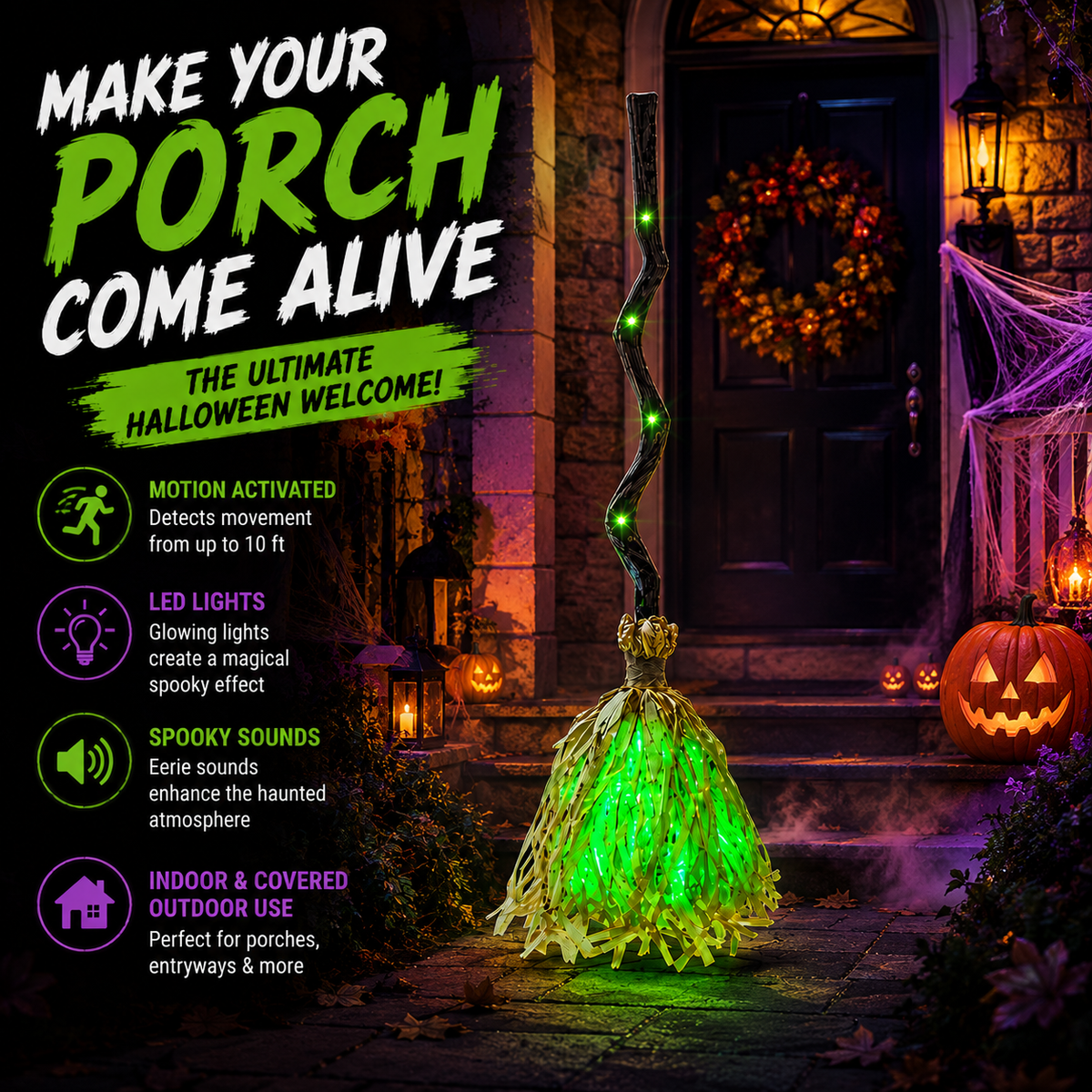 35" Animated Dancing Witch Broom – Motion Activated Halloween Decor