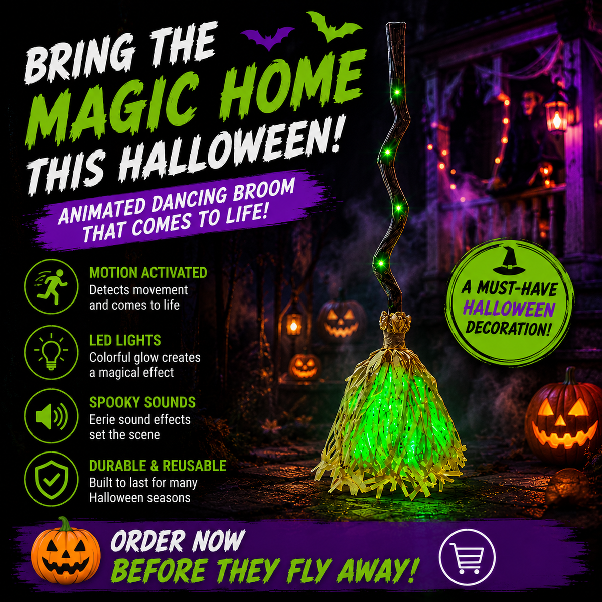 35" Animated Dancing Witch Broom – Motion Activated Halloween Decor