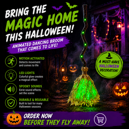 35" Animated Dancing Witch Broom – Motion Activated Halloween Decor