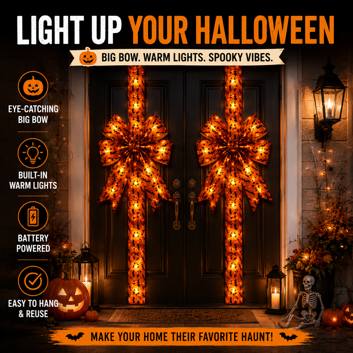 Light-Up Halloween Door Bow Garland – Pumpkin & Bat Decor