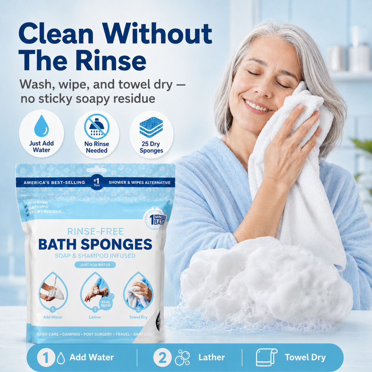 🚿 Rinse-Free Shower Wipes – Soap & Shampoo Infused, pH-Balanced for Elderly, Gym, Camping & Travel
