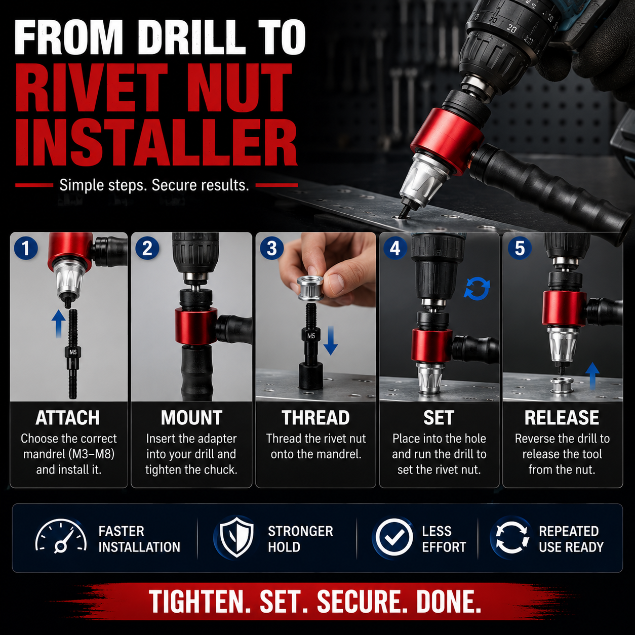 🔧 Drill-Powered Rivet Nut Adapter Kit – M3 to M8