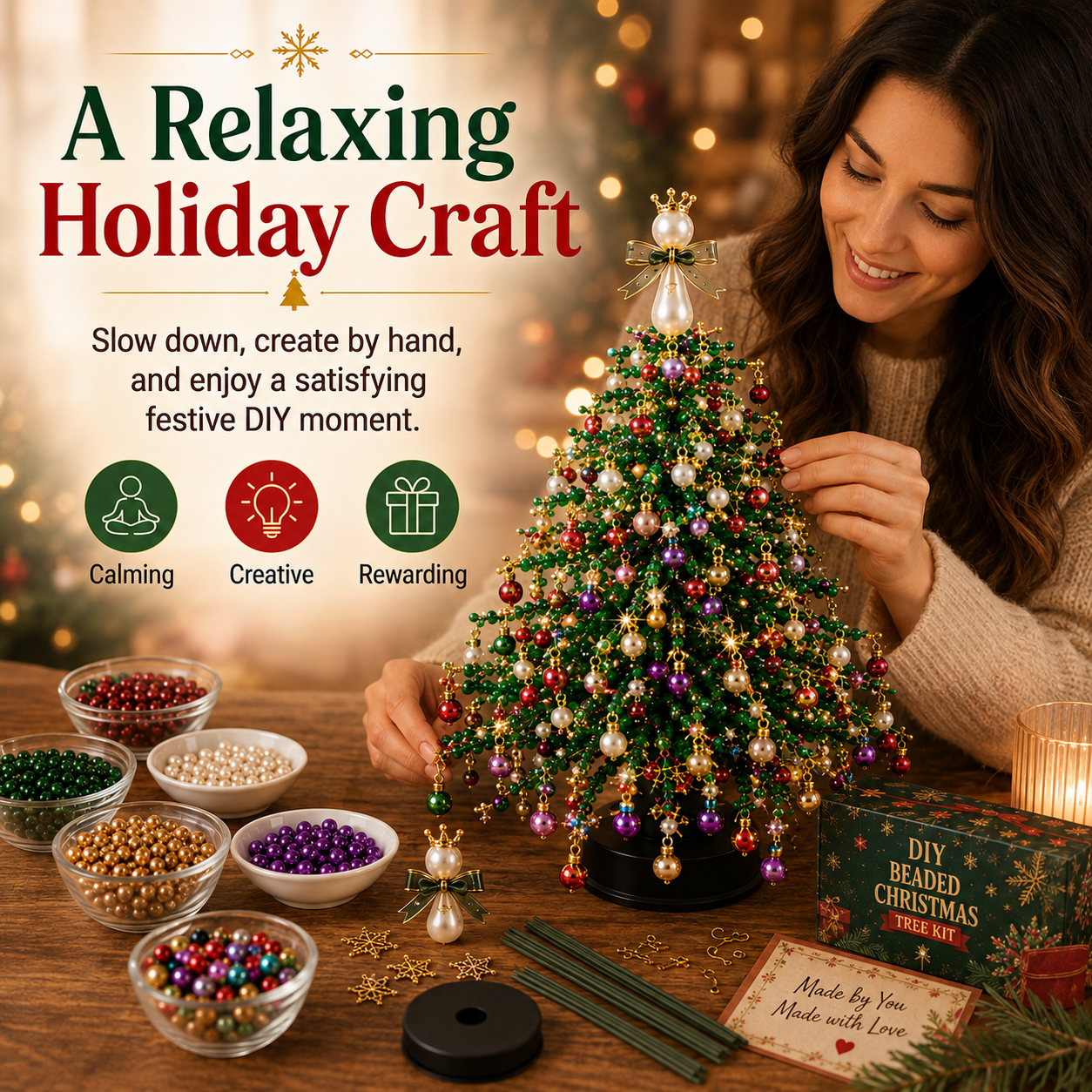 Woman enjoying relaxing DIY beaded Christmas tree craft