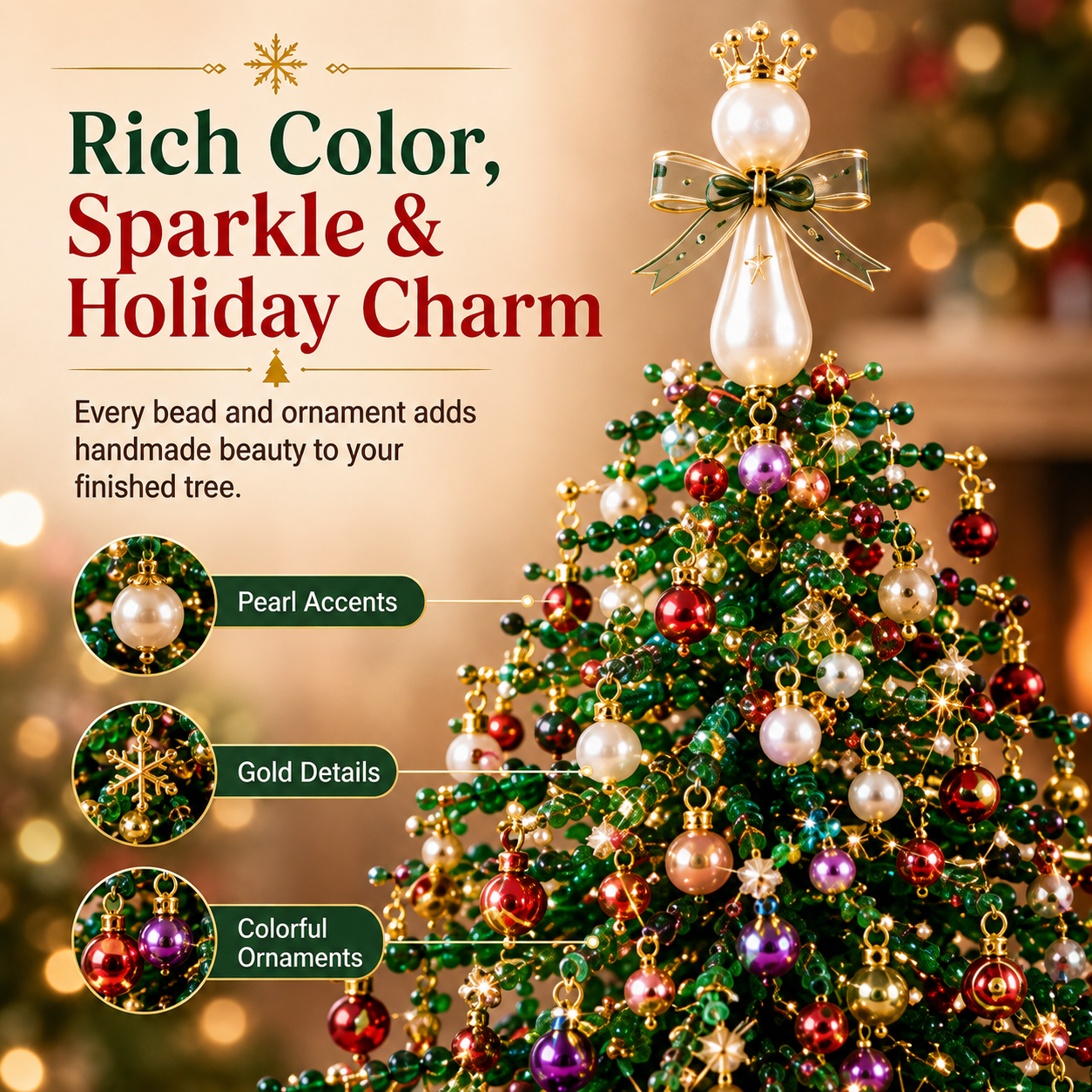 Pearl accents gold details and colorful ornaments on DIY beaded Christmas tree