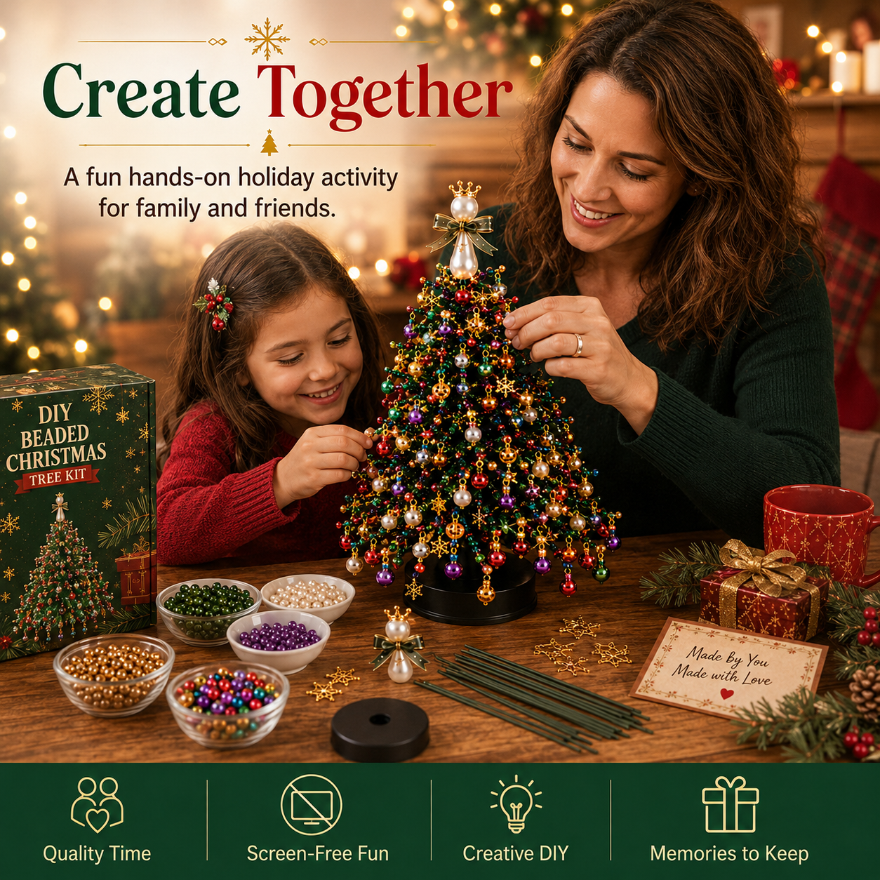 Family creating DIY beaded Christmas tree together