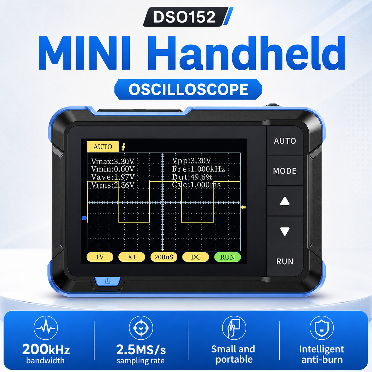 DSO152 200kHz bandwidth and 2.5MS/s sampling rate